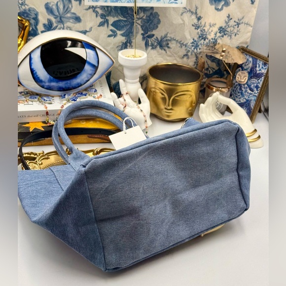 🆕 GANNI 🧿 NWT Washed Blue Embroidered Logo Small Shopper - Picture 7 of 11